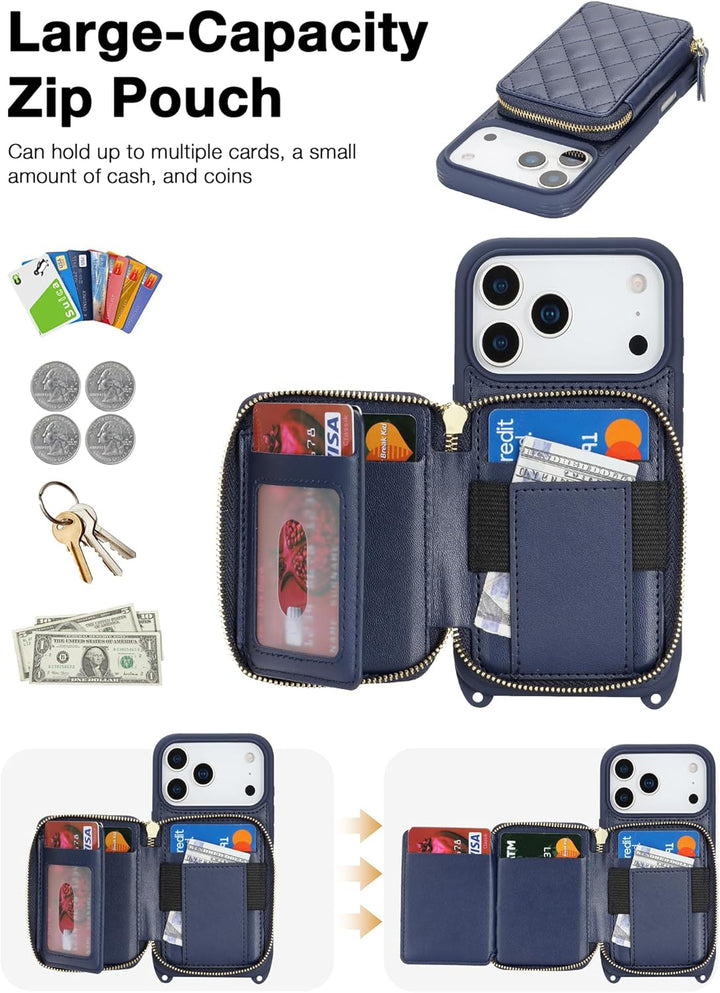 ELTEKER Handyhülle für iPhone 17 Pro Hülle mit Band Verstellbarem Schultergurt, Reissverschluss Geld
