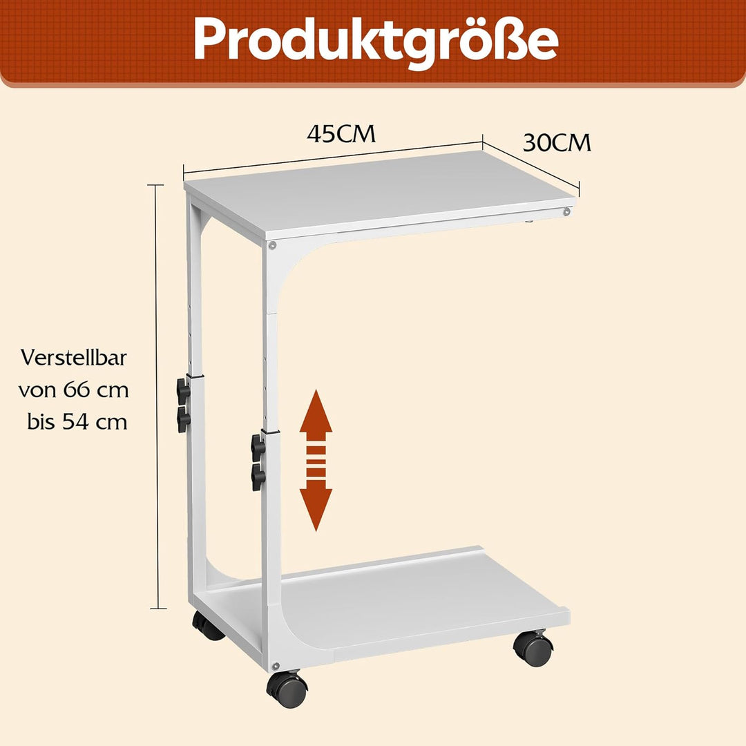 WLIVE Beistelltisch Couch Weiss, C Form Sofatisch mit Rollen, Kleiner Couchtisch mit 2 Etagen Ablage