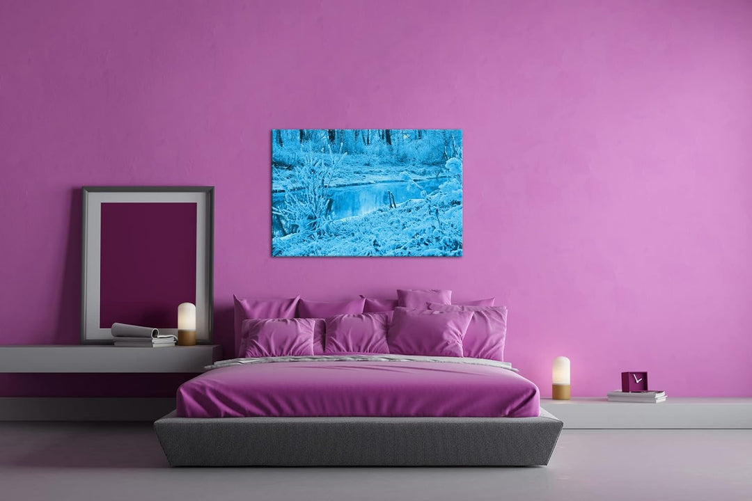 deyoli zugefrorener glänzender Fluss im Winter Format 80x60 Effekt: Monocrome Blau als Leinwandbild,