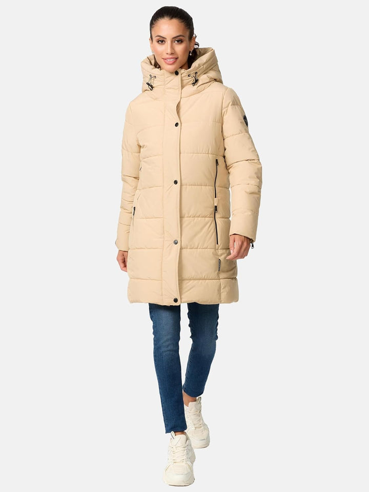 MARIKOO Damen Wintermantel Warmer Steppmantel lang mit Kapuze und hohem Kragen Karumikoo XVI XS-3XL