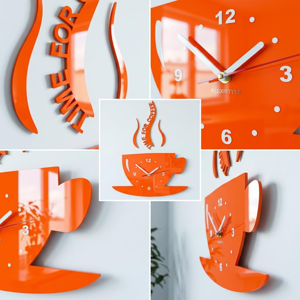FLEXISTYLE Tasse Time for Coffee Moderne Küche (Zeit für Kaffee) Wanduhr, orange, 3D römisch, wanduh