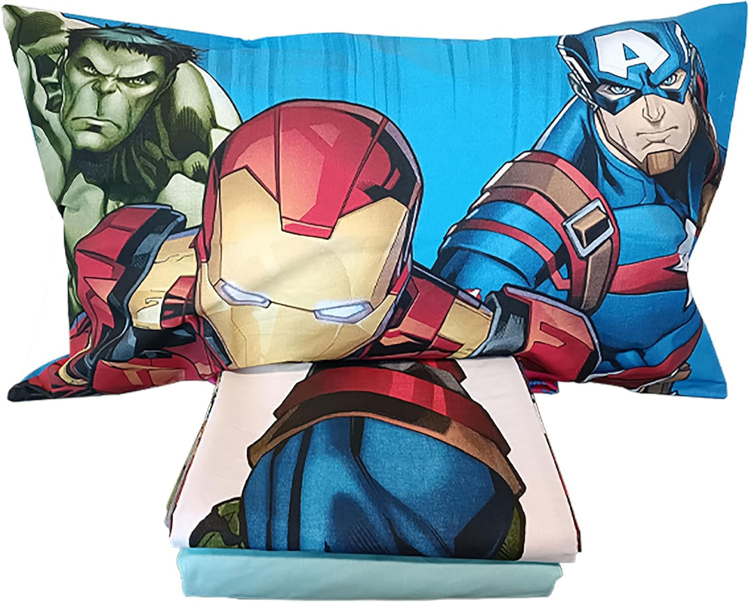 Avengers, Bettlaken für Einzelbett, Spannbettlaken, Kissenbezug, Blau, Marvel, Disney, 100% Baumwoll