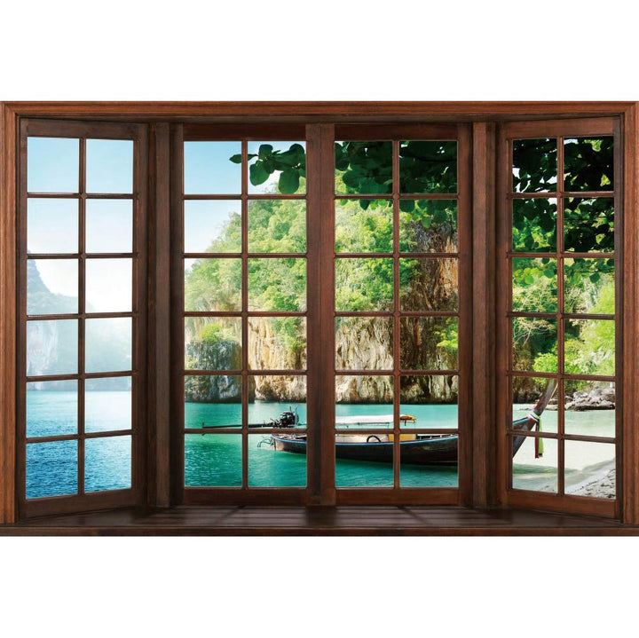 Renaiss 2.2x1.5m Frühling Holzfenster Landschaft Fotografie Kulisse Grün Berg See Blätter Boot Natür