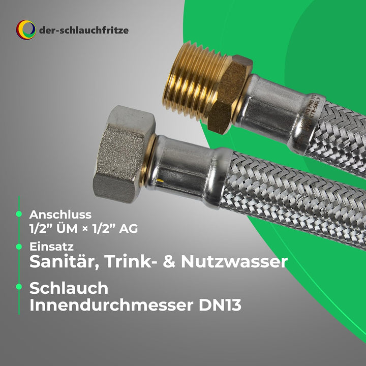 H2O-Flex® Panzerschlauch 1/2"ÜM x 1/2"AG, Flexschlauch DN13 für Sanitär mit Trinkwasserzulassung, 30