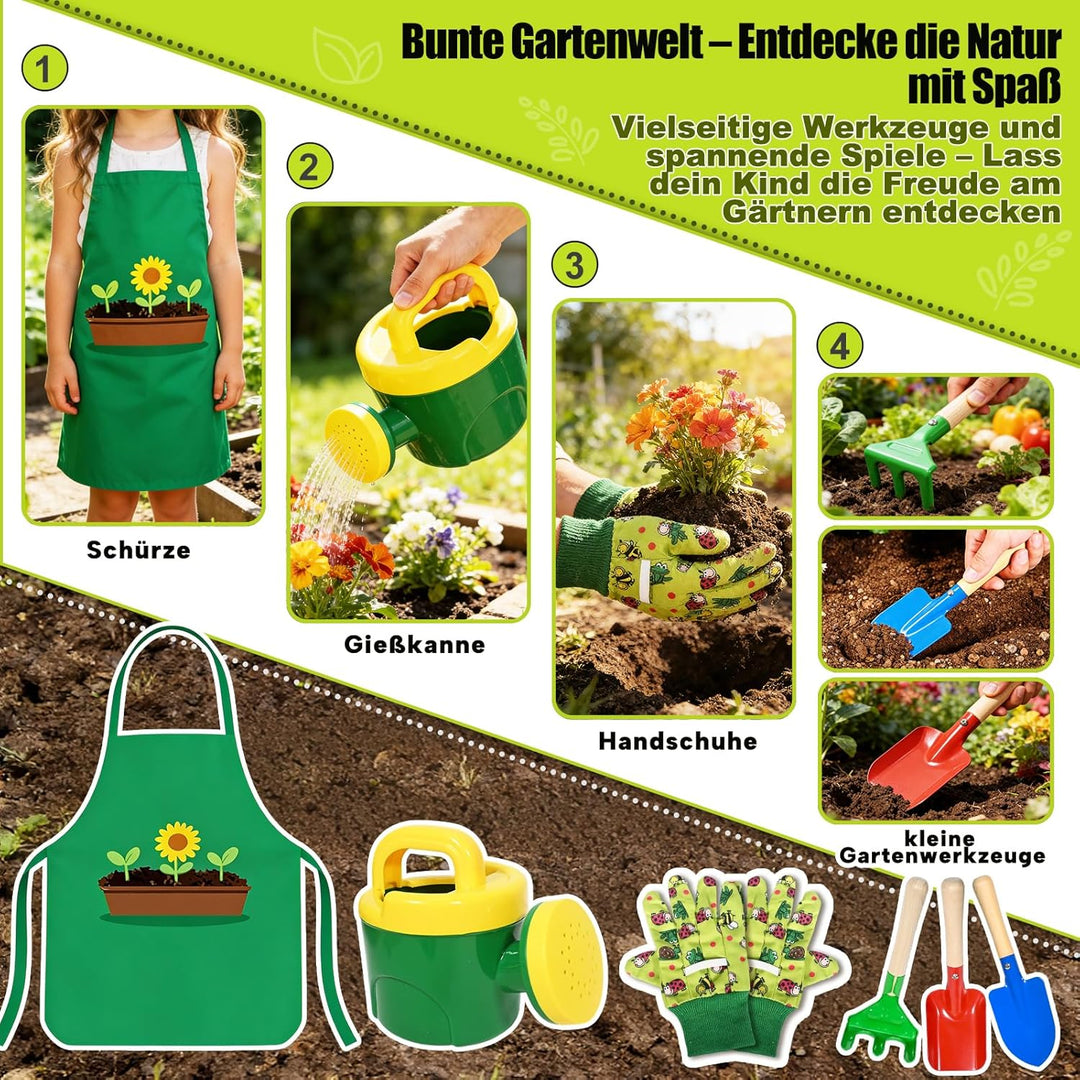 10 Stück Kinder Gartenwerkzeug Set, Metall Gartenwerkzeug Set mit Schaufel, Rechen, Gabel, Arbeitsha