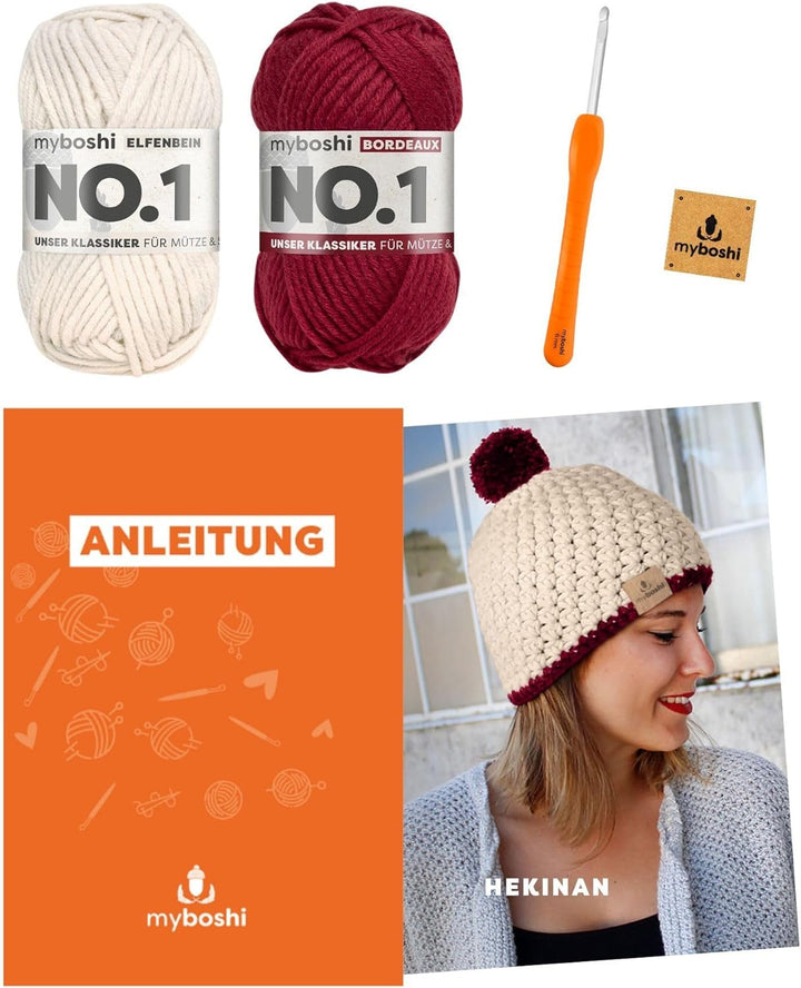 myboshi Häkelset Mütze Hekinan, Häkelset für Fortgeschrittene, inkl. No.1 Wolle, Anleitung, Label, 3