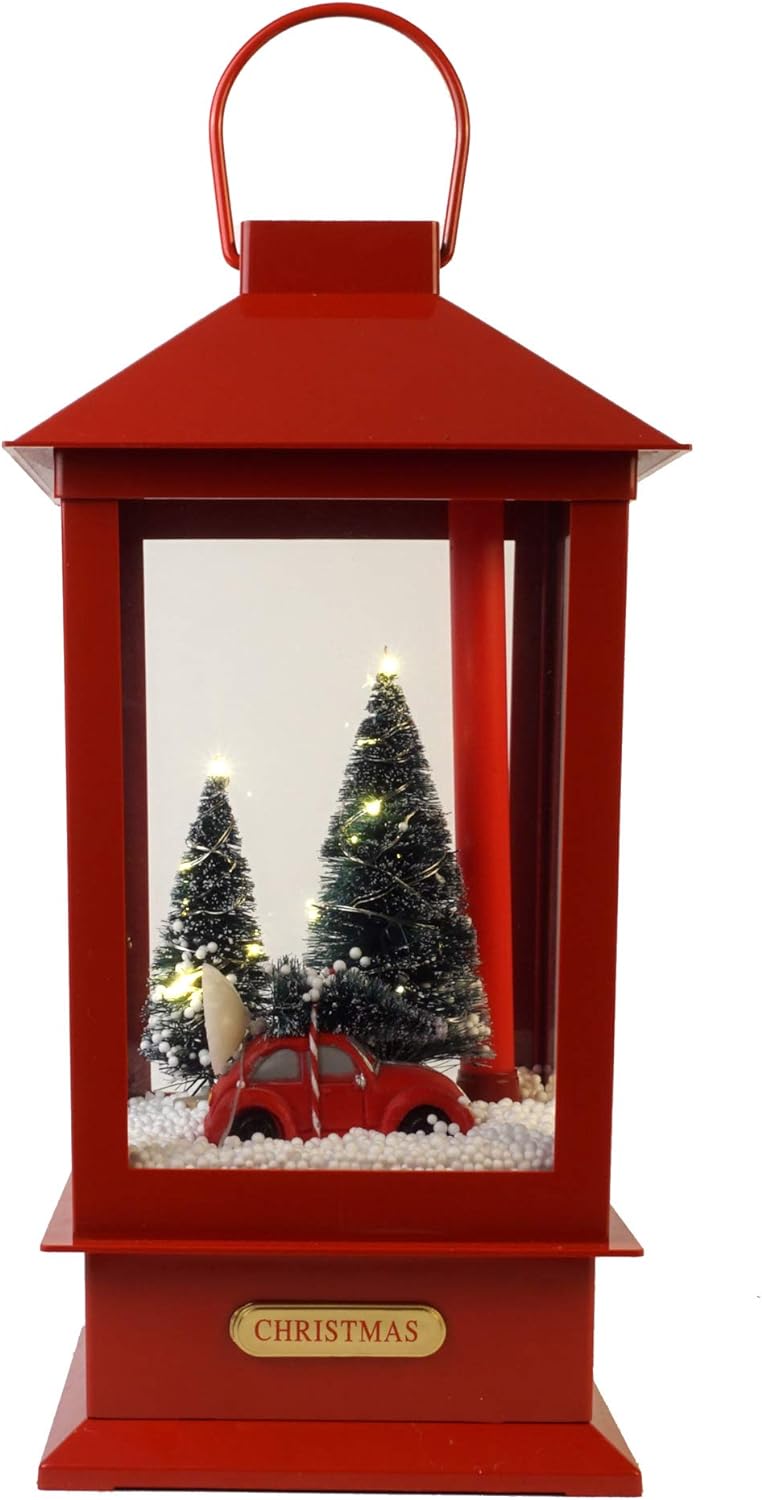 Weihnachtsbeleuchtung Schneelaterne Laterne mit Schnee, Musik, Auto und LED Beleuchtung in rot