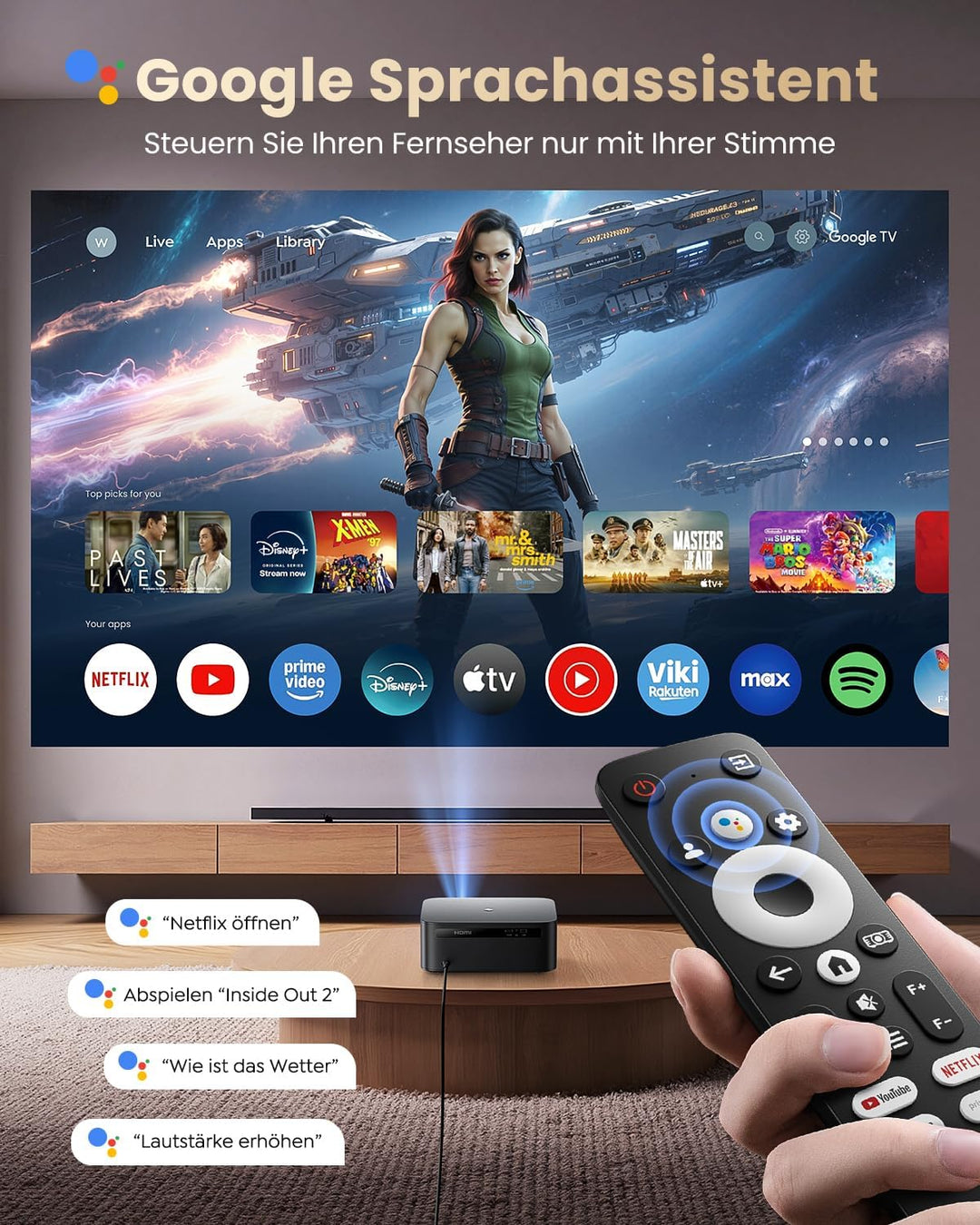 Beamer 4K Heimkino [1200 ANSI | Google TV] Offizielle Netflix-Lizenz FHD 1080P Beamer 4K Unterstützt