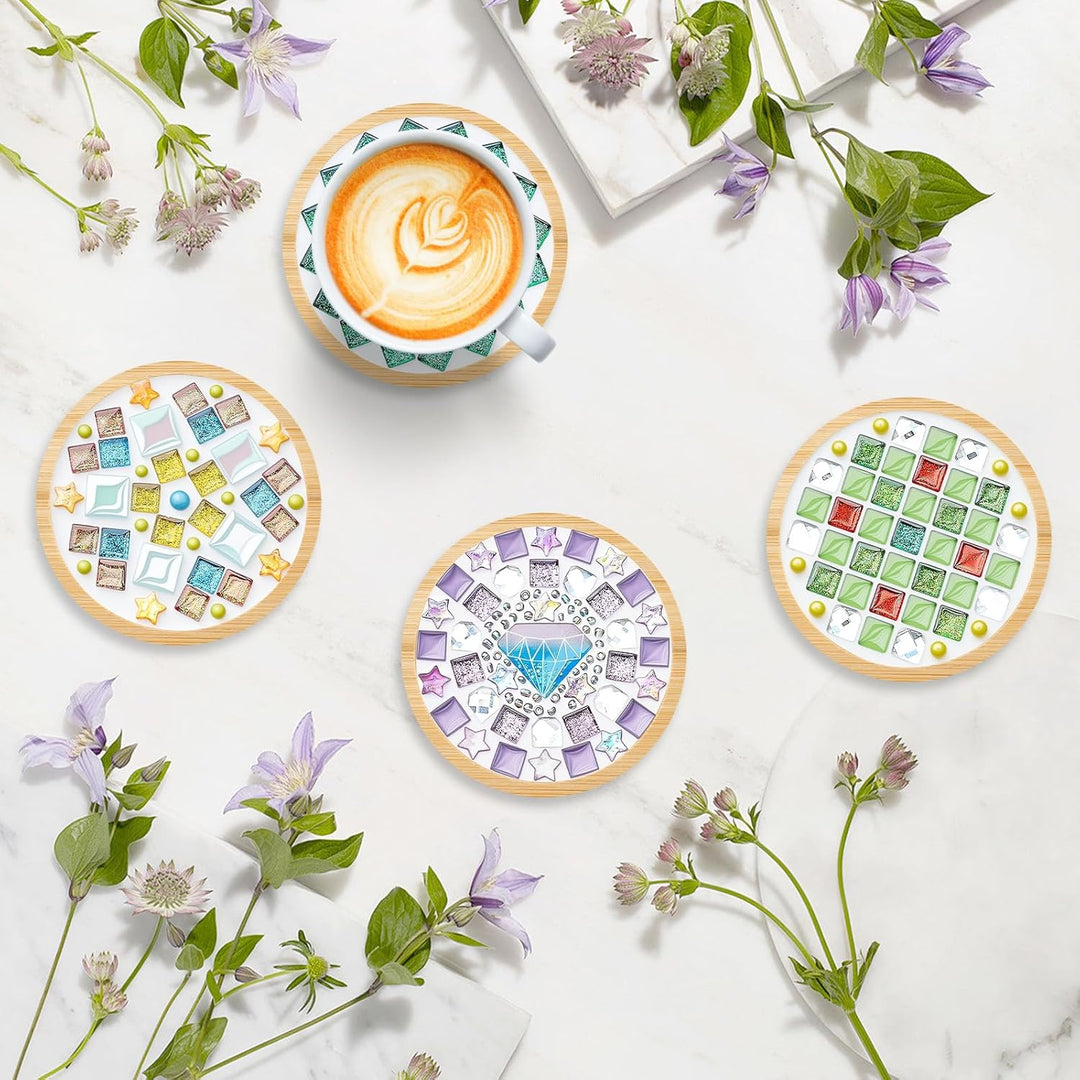 4 Stück Mosaik Untersetzer Bastelset, Mosaik Bastelset Erwachsene, Bambus Untersetzer, Basteln & DIY