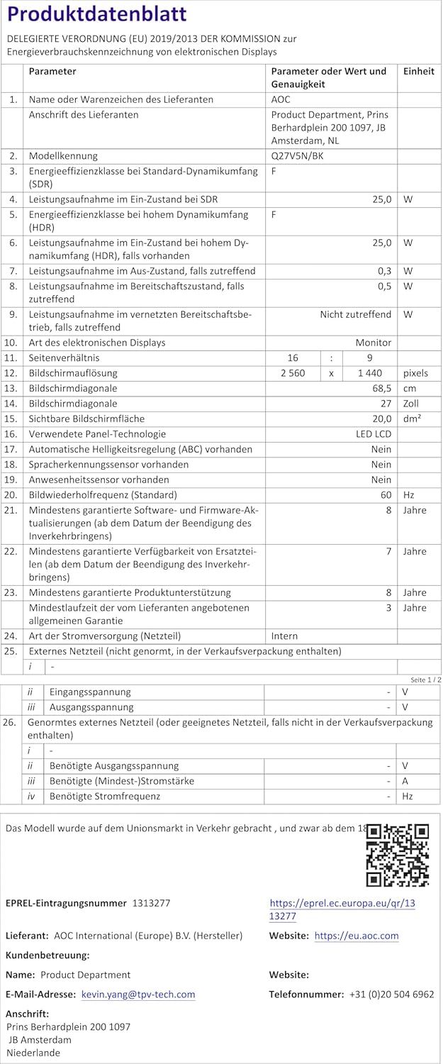 AOC Q27V5N - 27 Zoll QHD Monitor, Lautsprecher, höhenverstellbar (2560x1440, 75 Hz, DisplayPort, HDM