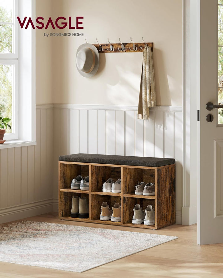 VASAGLE Schuhbank, Schuhregal mit Sitzfläche, Sitzbank mit Stauraum, Kissen, 6 Fächer, verstellbare