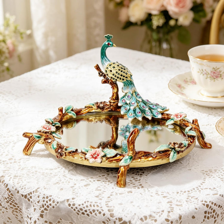 Decorative Peacock Vanity Mirror Tray, Enamelled Metal with Floral Design, Turquoise and Gold