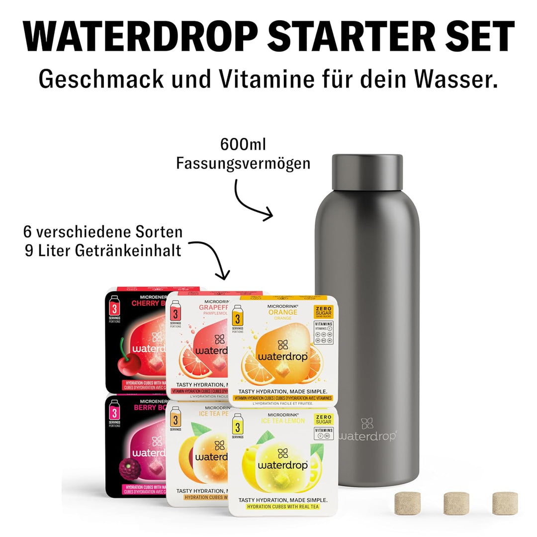 waterdrop® Starter Set - 600ml Trinkflasche mit Geschmack inkl. 18 zuckerfreie Drops - Geschenk für