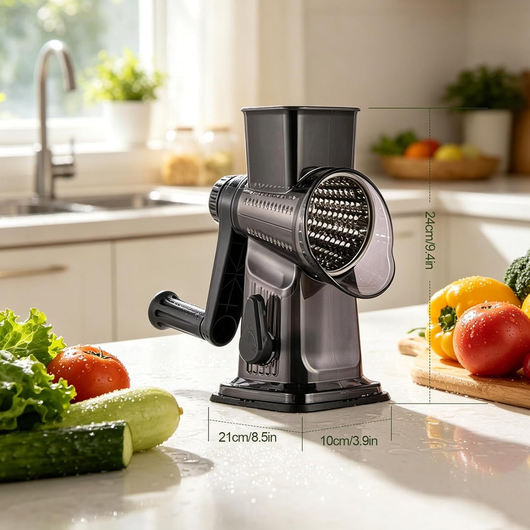 Käsereibe mit Kurbel, Gemüseschneider 3 Edelstahl Austauschbaren Trommelklingen, Gemüsehobel mit Sta
