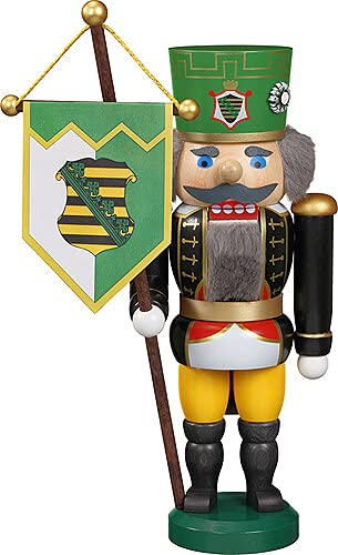 Seiffener Volkskunst Nussknacker Sächsischer Bergmann mit Uniform und Standarte - 25 cm