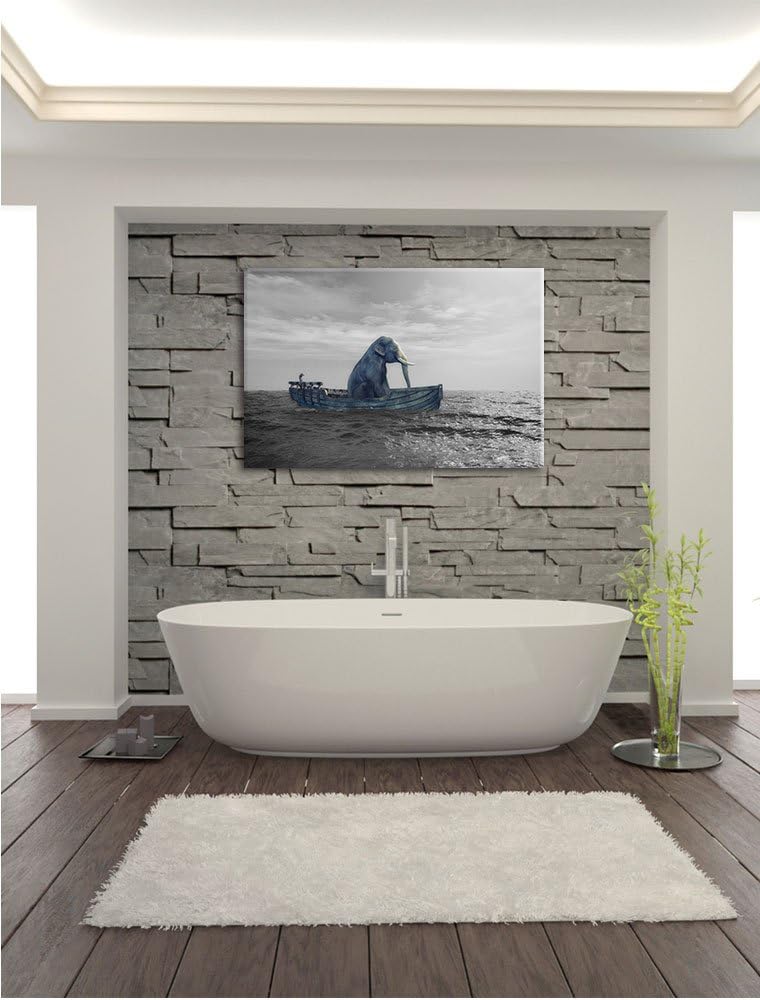 Pixxprint lustig sitzender Elefant im Boot B&W Detail, Format: 100x70 auf Leinwand, 100x70