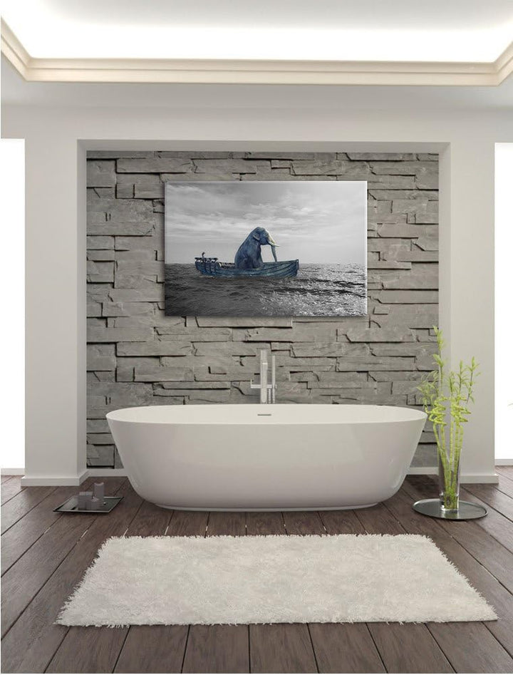 Pixxprint lustig sitzender Elefant im Boot B&W Detail, Format: 100x70 auf Leinwand, 100x70