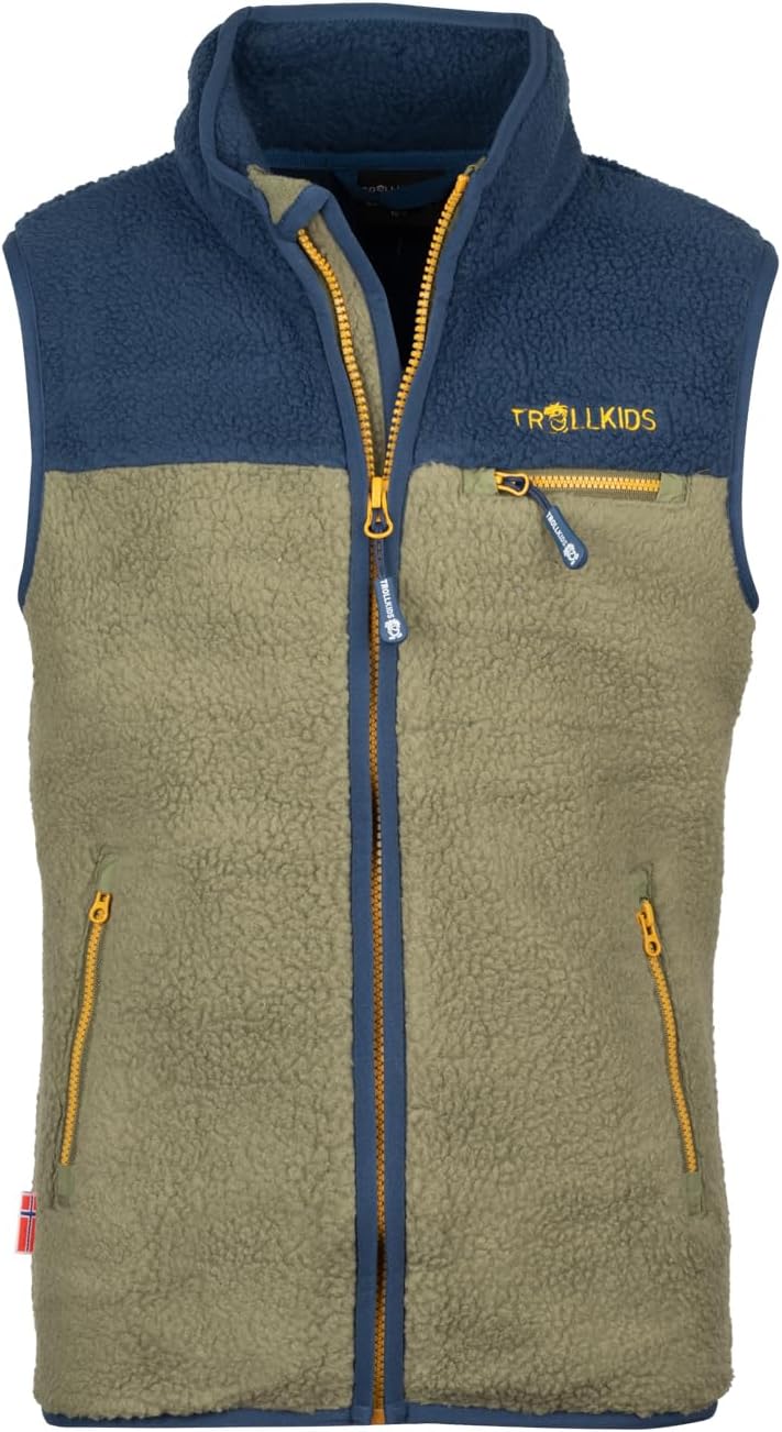 Trollkids Kinder Fleeceweste Hemsedal, Moos/Mystikblau/Goldgelb
