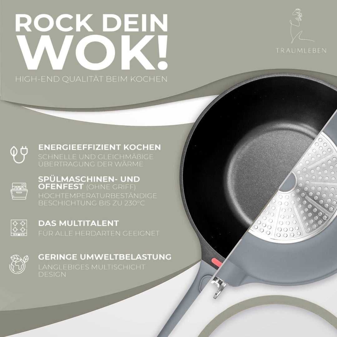 Wokpfanne mit Deckel 28 cm [abnehmbaren Griffe & Antihaftbeschichtung] PFOA-frei, für Induktion geei