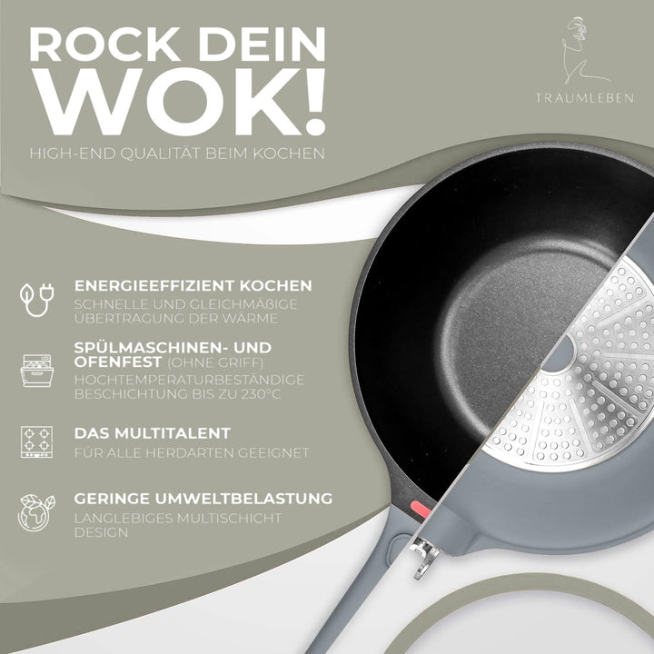 Wokpfanne mit Deckel 28 cm [abnehmbaren Griffe & Antihaftbeschichtung] PFOA-frei, für Induktion geei