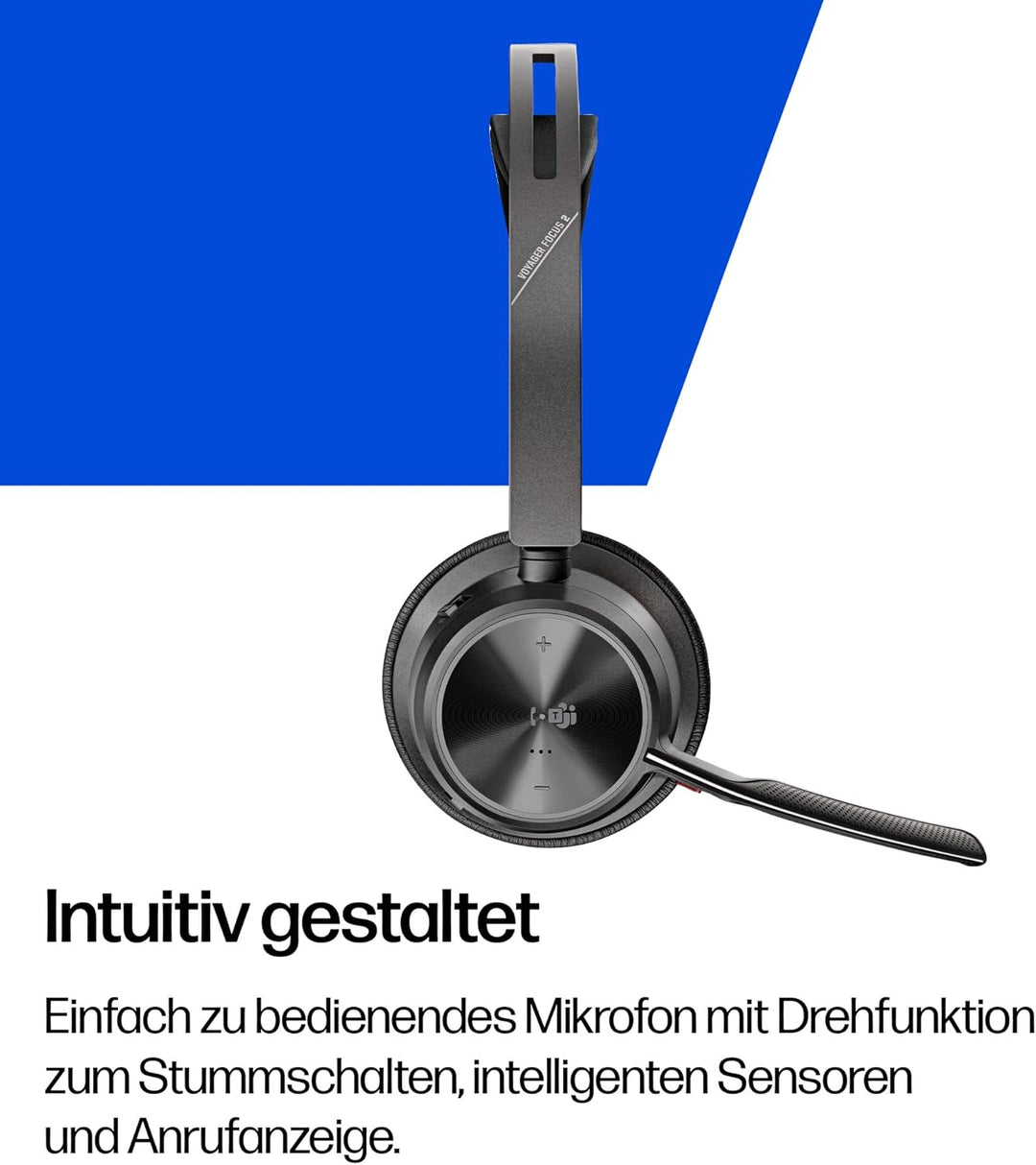 POLY Voyager Focus 2 USB-C Headset für Microsoft Teams, mit USB-C/A Adapter und Ladestation – Blueto