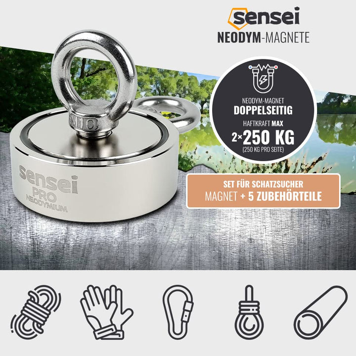 SENSEI Set 250 kg, Doppelseitiger N52 Neodym-Magnet mit 2 Ösen, Ø7,5 x H2,5 cm, Segelseil 25 m, Schu
