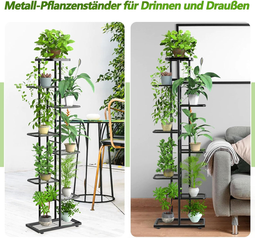 MAIJIAJU 8 Etagen Blumenständer Metall Schwarz mit Gartengeräte und Handschuhe, 141cm Ecke Blumenreg