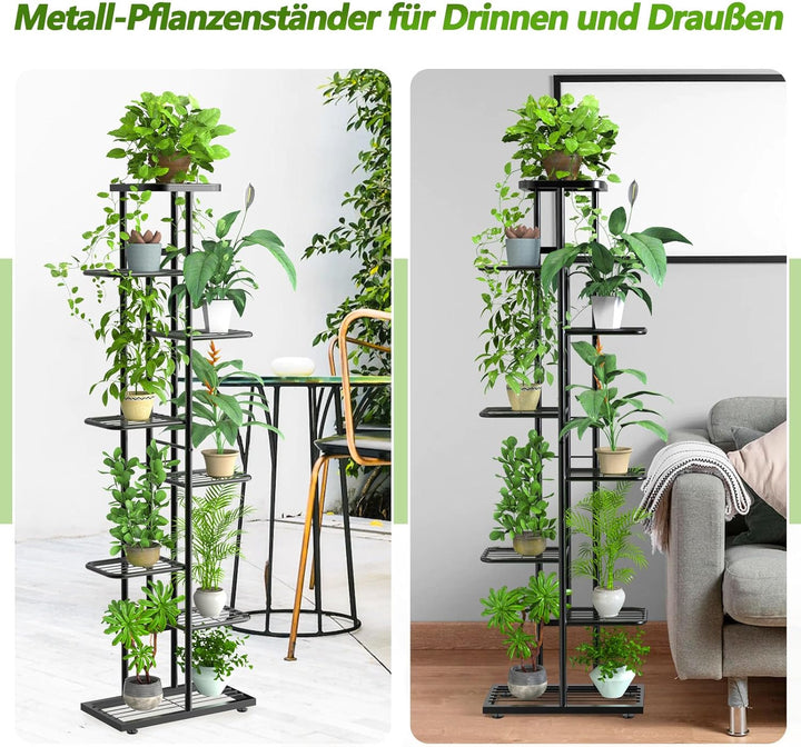 MAIJIAJU 8 Etagen Blumenständer Metall Schwarz mit Gartengeräte und Handschuhe, 141cm Ecke Blumenreg