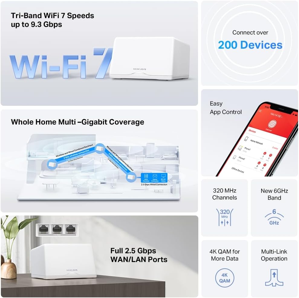【Neues Wi-Fi7】 Mercusys Halo H47BE(2-er Pack) - BE9300 Tri-Band Wi-Fi Mesh 7, bis zu 9,3 Gbit/s, Rei