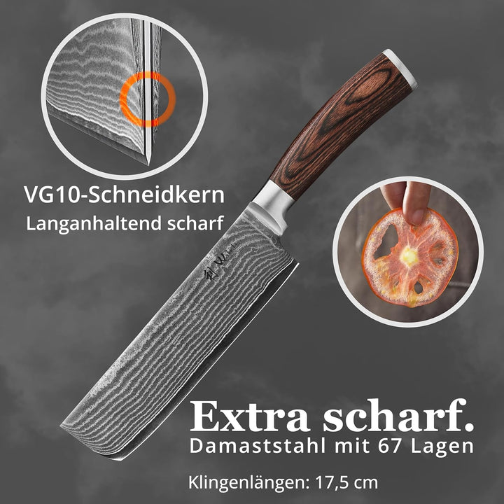 Wakoli EDIB Damastmesser Nakirimesser 17,50 cm Klinge extrem scharf aus 67 Lagen I Damast Küchenmess