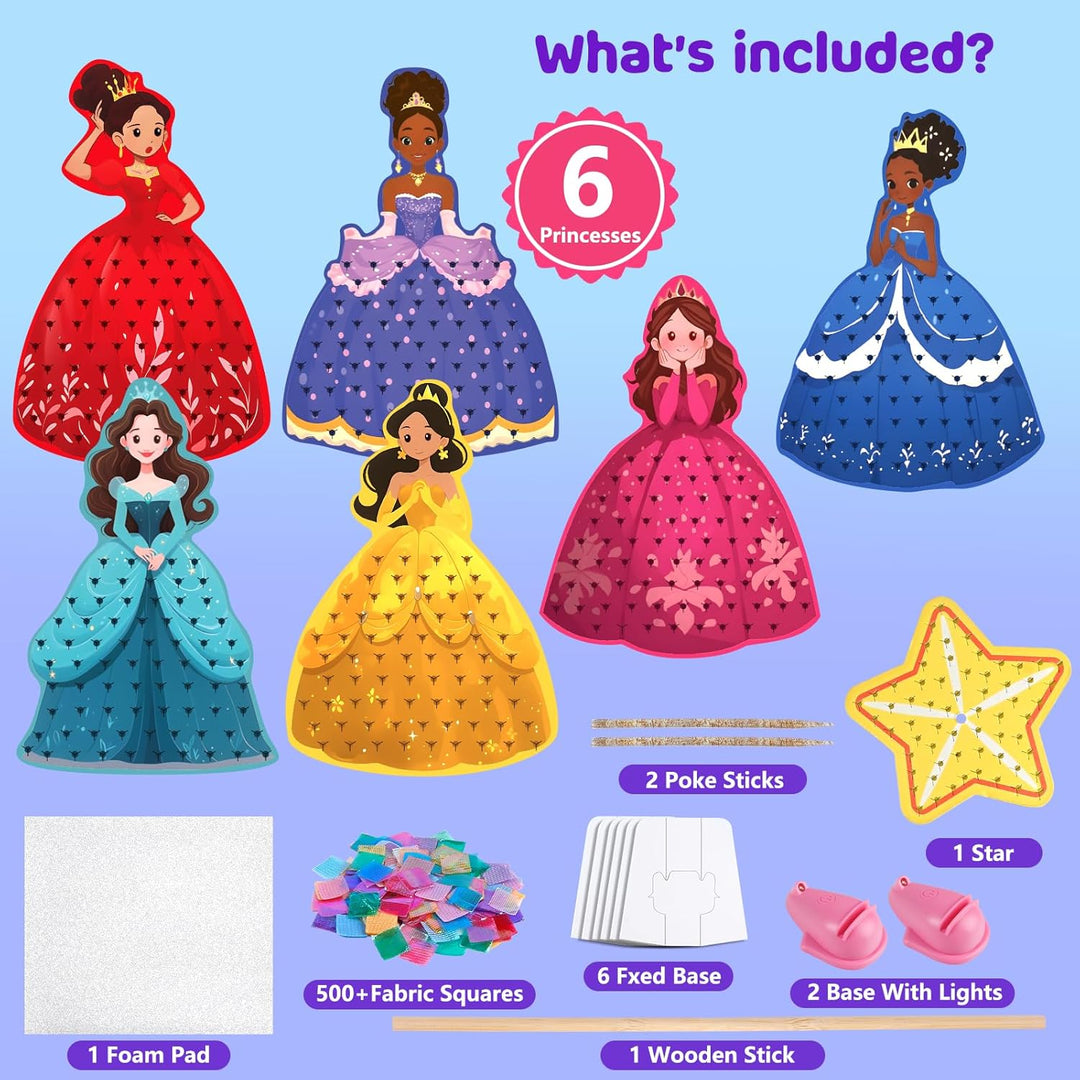 Poke Art Bastelset Kinder mit LED-Basis, Prinzessin DIY Kreativset, Schmutzfreies Basteln für Mädche