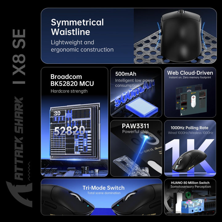 ATTACK SHARK X8SE Mouse for Large Hand, 55g Superlight, PixArt PAW3311 Gaming Sensor, BT/2.4G Wirele