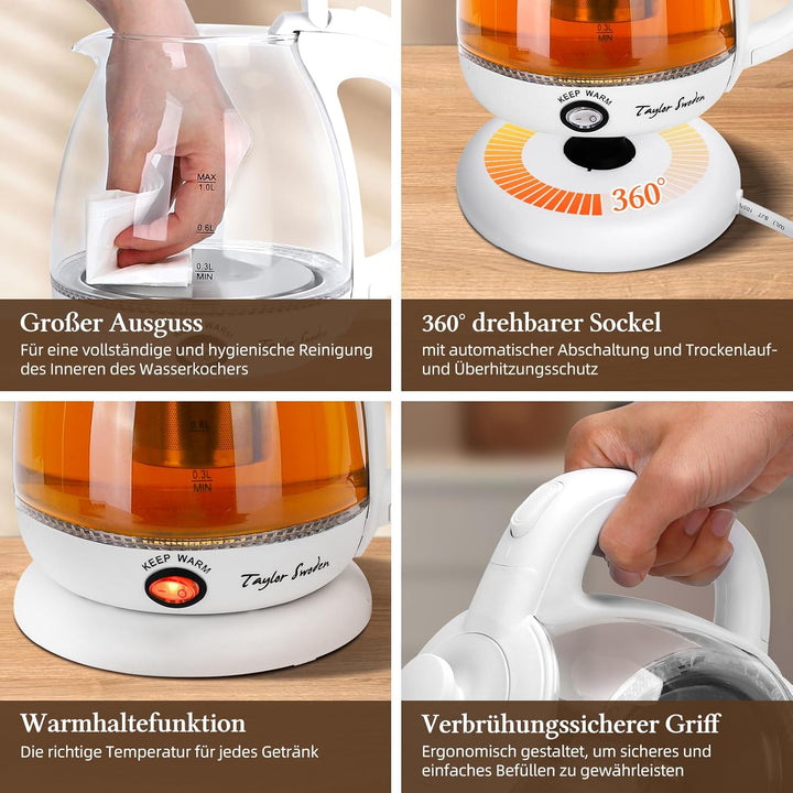 Taylor Swoden Wasserkocher Glas 1 Liter, 2200 W, Elektrischer Wasserkocher mit LED-Beleuchtung, BPA-