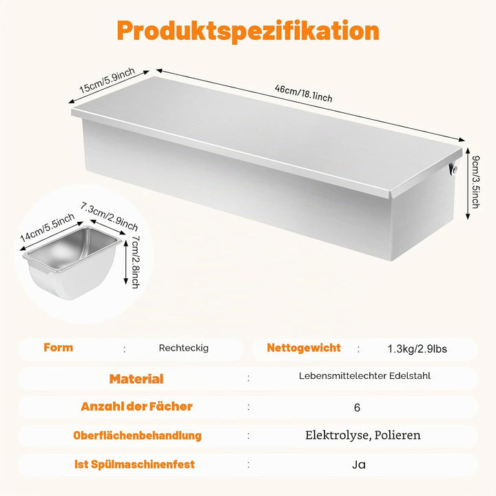 Gewürzbox 6 Gitter X 450ml Edelstahl, Zutatenbehälter | Beilagenbehälter | Pizza Zutatenbehälter | T