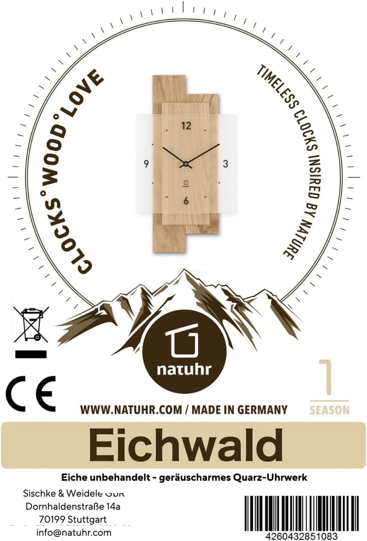 Natuhr Wanduhr Holz Eichwald Modern geräuscharm Eiche U.T.S. Uhrwerk (Eiche unbehandelt, Quarz) Wand