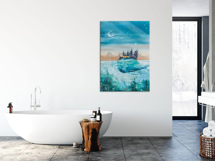 Pixxprint Glasbild | Wandbild aus Echtglas | Fuchs reitet auf Wal bei Nacht | 60x80 cm | inkl. Aufhä