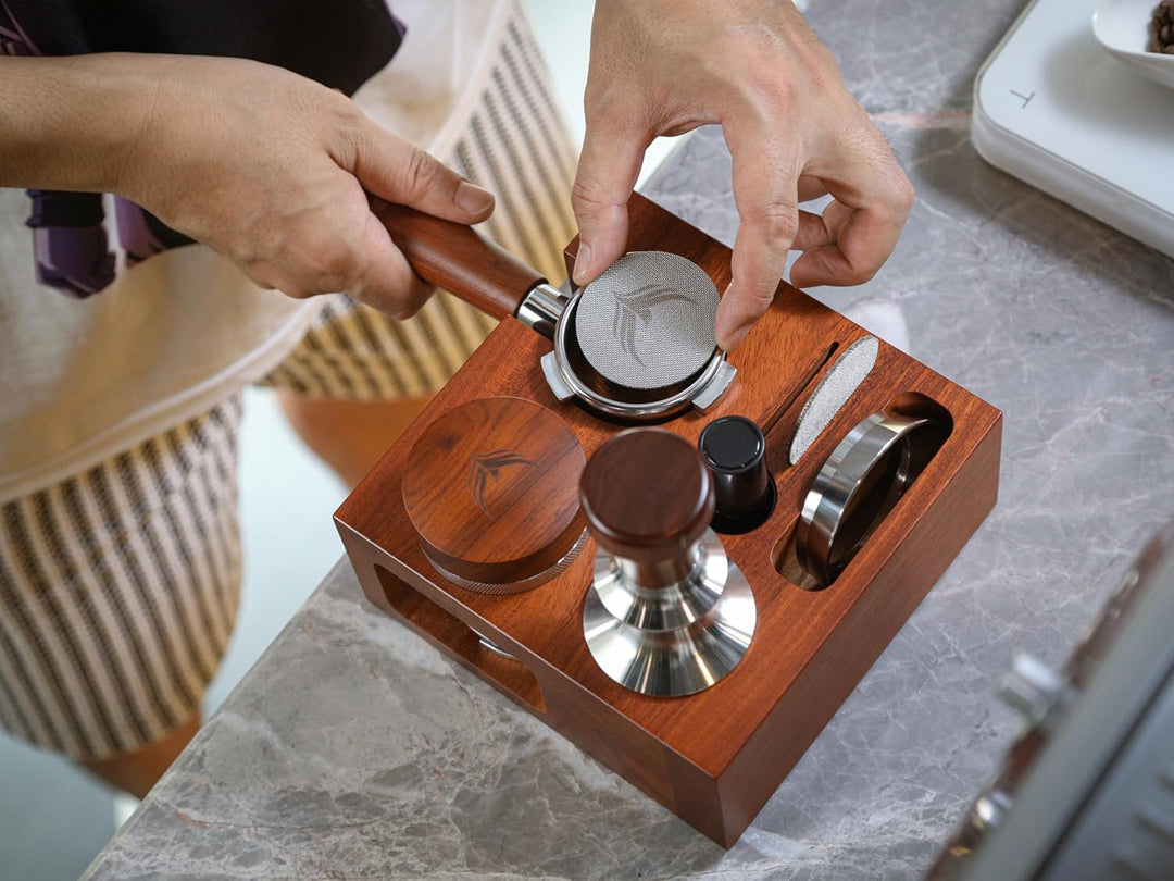 Espresso Tamperstation 58mm Palisanderholz für E61, Gaggia, Rocket, Lelit, Profitec, ECM – 8-Fach Ba