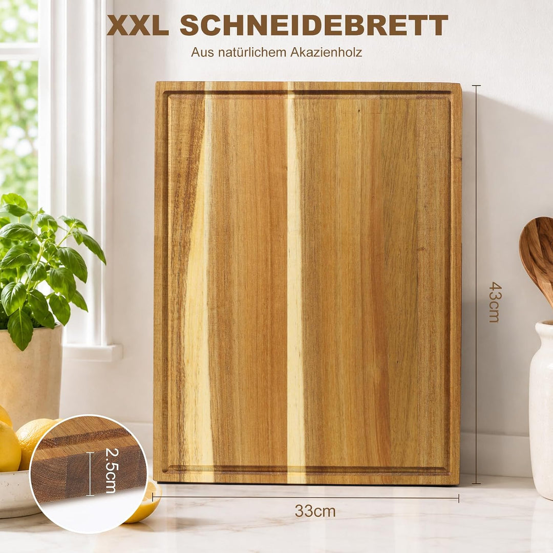 Schneidebrett Holz 43×33×2,5 cm aus massivem Akazienholz Küchenbrett | Saftrille hält Flüssigkeit zu