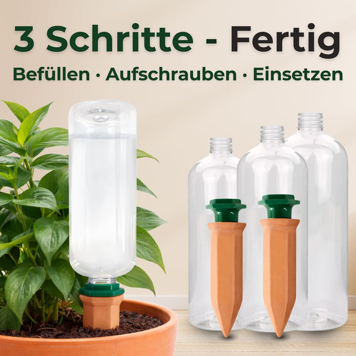 Pflanzenbewässerung | Tonkegel inklusive Adapter und PET Flaschen 750 ml | Bewässerungsspikes für op