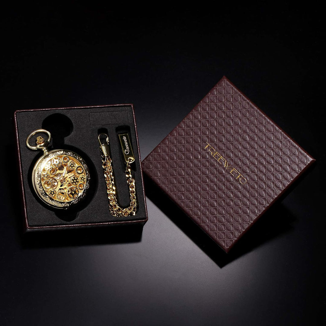 TREEWETO Unisex Taschenuhr mit Kette Analog Handaufzug Antik Zahnrad verziert Römische Gold