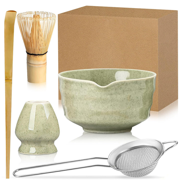 5 Stück Matcha Set, Keramik Matcha Schale mit Ausgiesser, Bambus Matcha Besen, Matcha Whisk, Schaufe