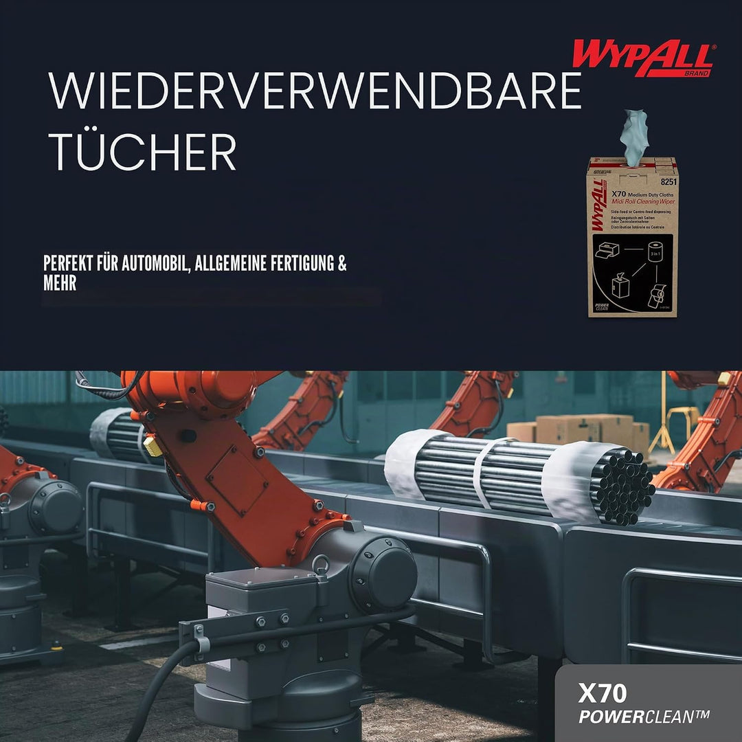 WypAll X70 Power Clean Reinigungstücher für mittelschwere Reinigungsaufgaben 8251 – 2-in-1 Midi-Roll