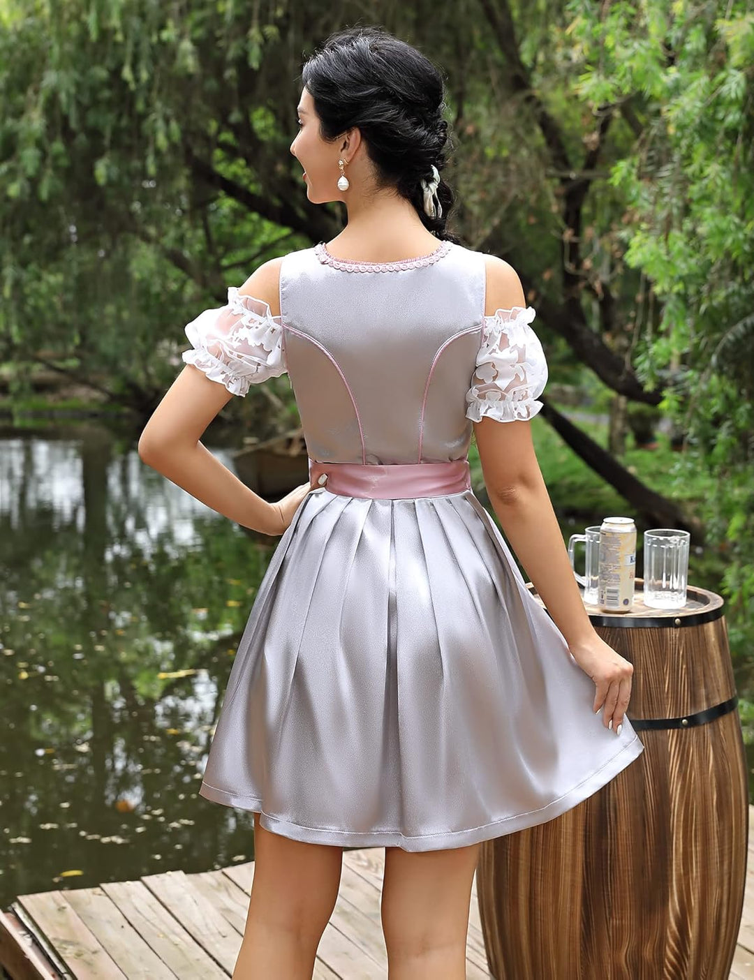 KOJOOIN Damen Dirndl Trachtenkleid Kurz Set 3tlg. für Oktoberfest inkl. Dirndl Kleid,Dirndlschürze,D