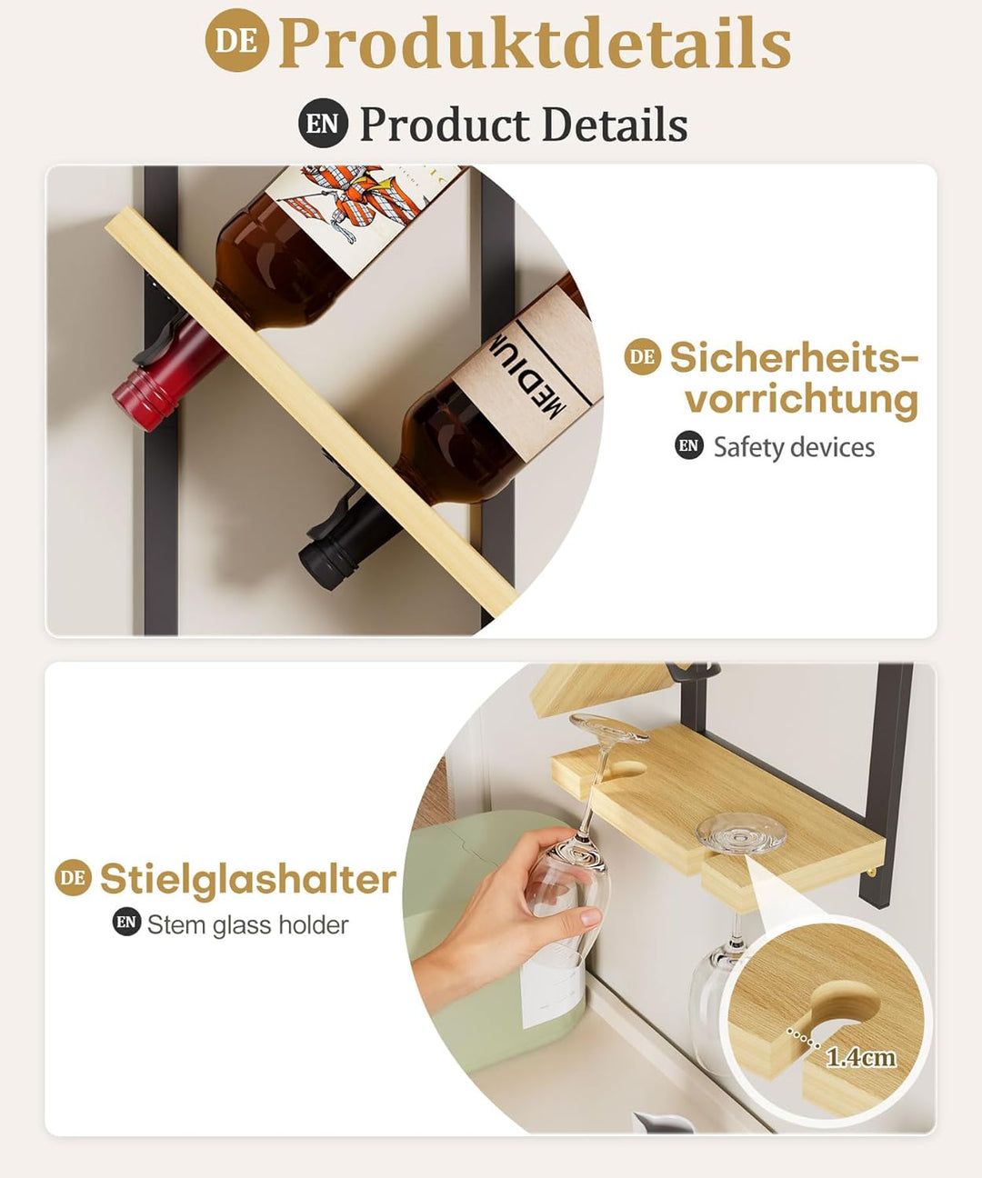 Yorbay Wand Holz Weinregal mit Glashalter: Schmales Design-Flaschenregal mit Metallrahmen für 4 Wein