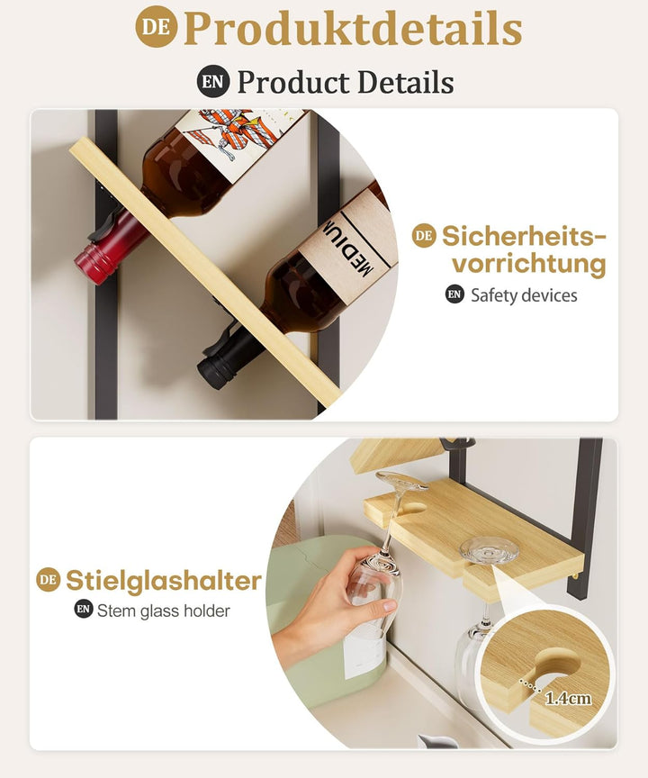 Yorbay Wand Holz Weinregal mit Glashalter: Schmales Design-Flaschenregal mit Metallrahmen für 4 Wein