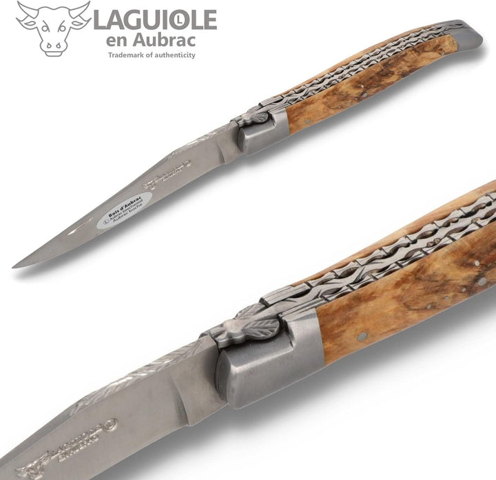 Laguiole en Aubrac Taschenmesser - 12 cm Doppelplatine - Griff Aubrac Buchenholz - Klinge 10 cm matt