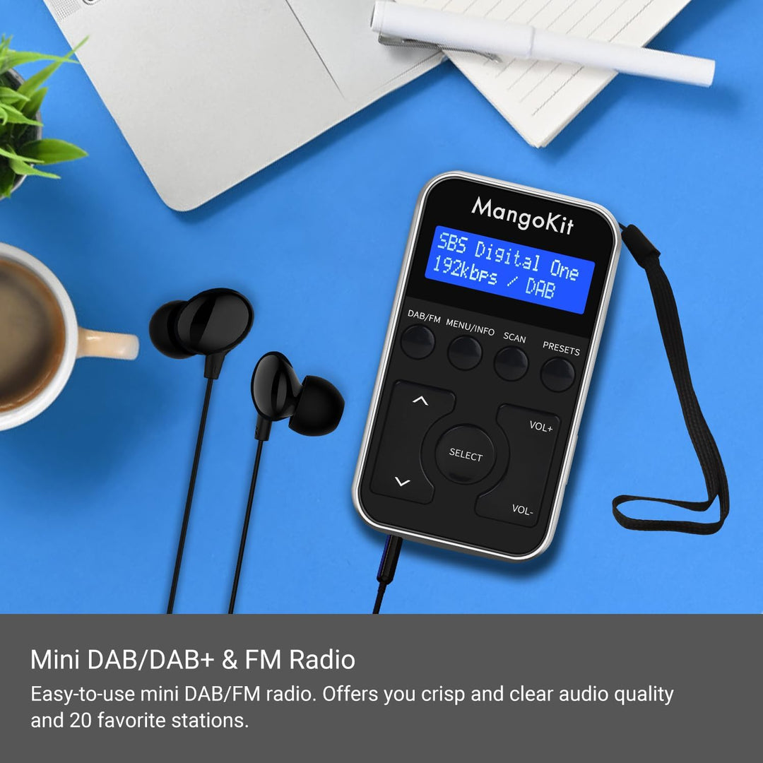 MangoKit Kleines Tragbares Mini DAB/DAB+/UKW-Radio,Digitales Taschenradio mit Kopfhörer,Wiederauflad
