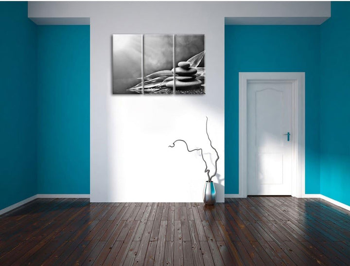 Pixxprint Zen Steine mit Blättern als Leinwandbild/Grösse: 3 Teilig (120x80) cm/Wandbild/Kunstdruck/