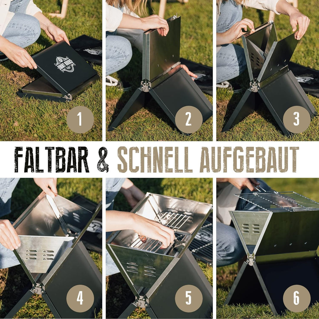 JIMMY BURNS Campinggrill Holzkohle Edelstahl | [Notebook Design] | für 2-4 Personen | Barbecue Klapp