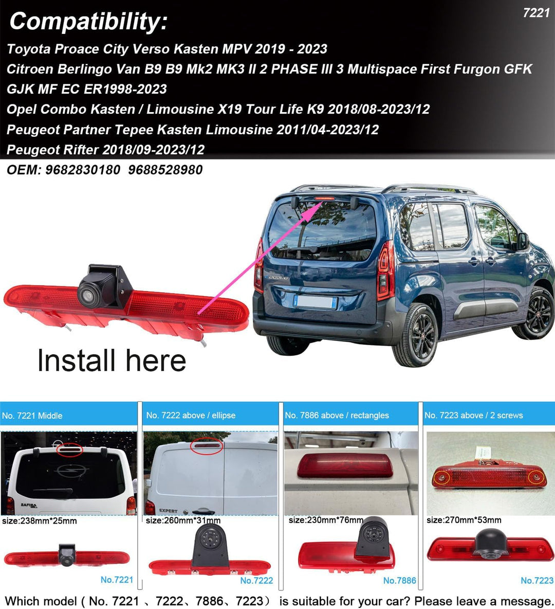 Third roof Brake Bremsleuchte Auto Rückfahrkamera Replacement for Toyota Proace City Verso Kasten MP